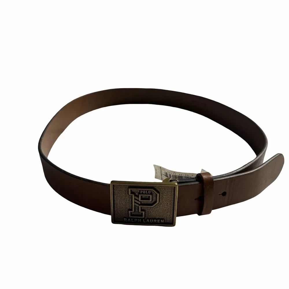 Polo Ralph Lauren Varsity P Logo Leather Belt Brown Brass Buckle Size 36 Rare